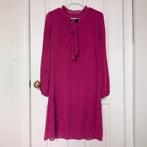 DKNY Elegant Purple Pink Fuchsia Magenta Pleated Frilly Dress w/ Polka Dots